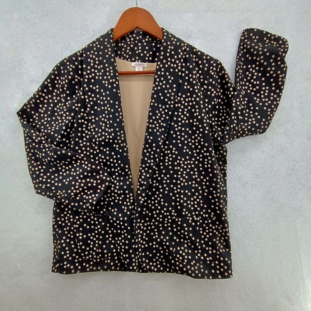 Xhilaration Polka Dot Blazer Womens M Black Tan Open Front Ruched Sleeve Jacket